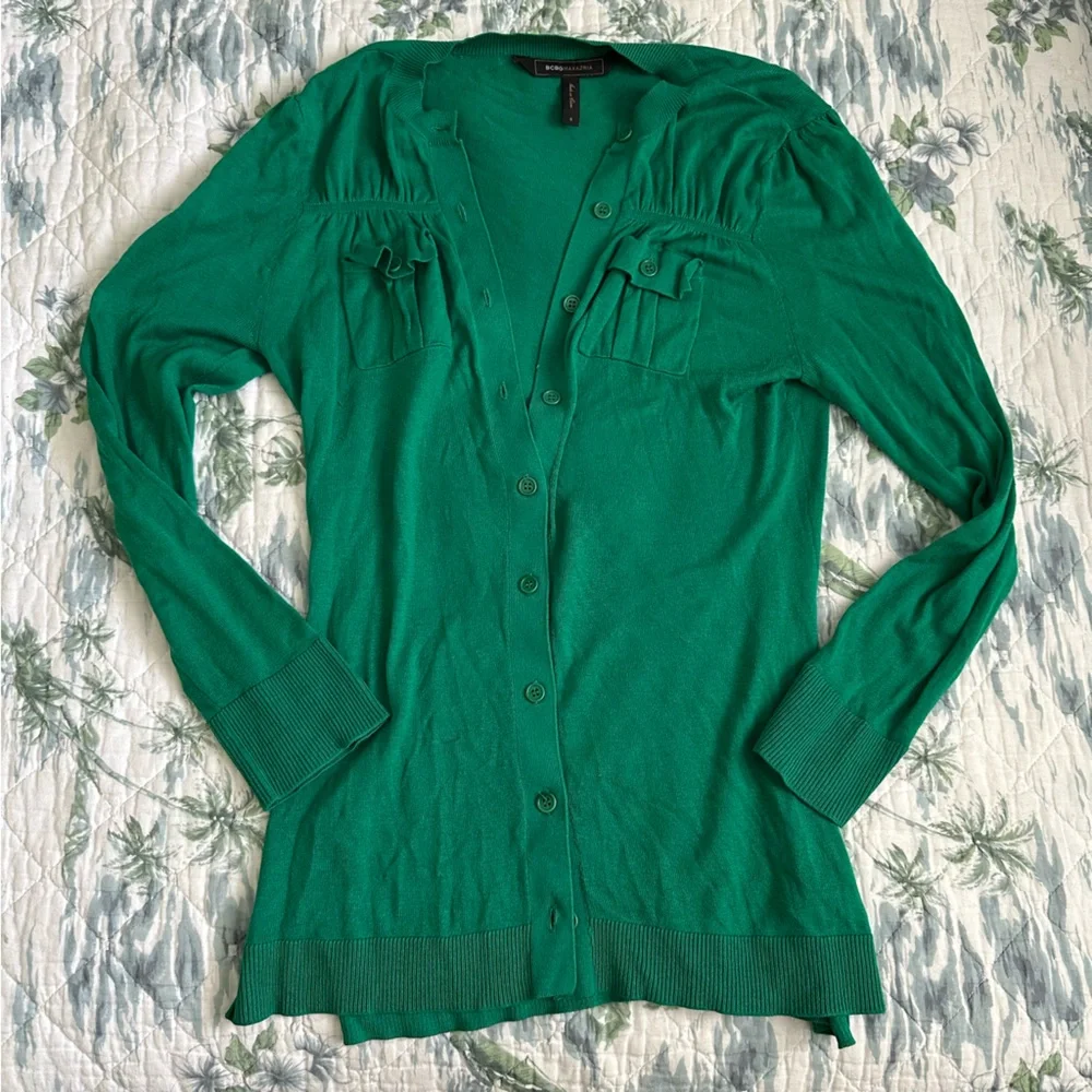 BCBG MAXAZRIA Kelly Green Button Cardigan Sweater Military Pocket S Silk Y2K